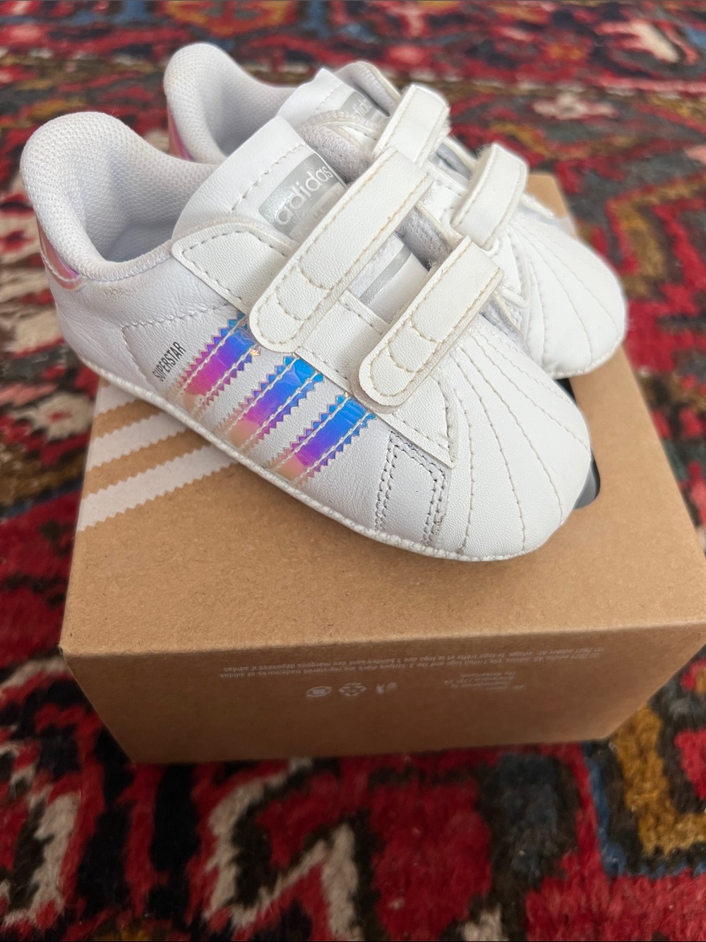 adidas Kids White Sneakers with Iridescent Blue-Pink Stripes